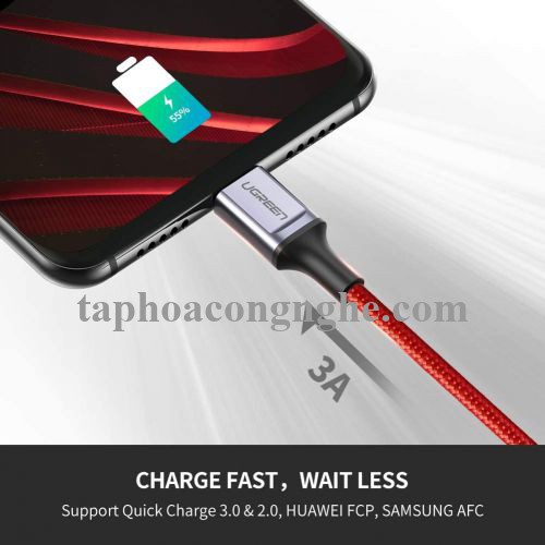Ugreen 70294 0.5M màu đỏ cáp USB A ra type C hỗ trợ sạc nhanh 50CM đầu bọc nhôm chống nhiễu US292 30070294
